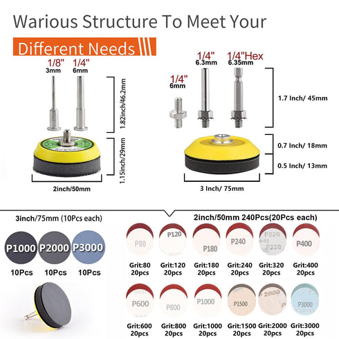 279 Pack 2/3 inch Sanding Discs Pad Kit for Drill, 2Pcs 1/8"&1/4" Shank Backer Plate