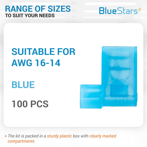 BlueStars 100 PCS Blue Flag Spade Terminals Female, AWG 16-14, 400V, 15A Electrical Connectors Kit, Nylon Flag Spade Quick Disconnects Female Wire Connector - Right Angle