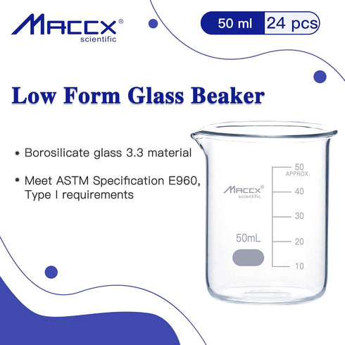1.7oz(50ml) Sturdy Glass Beaker, 3.3 Borosilicate Griffin Low Form with Printed Graduation, Pack of 24, BKL050-024