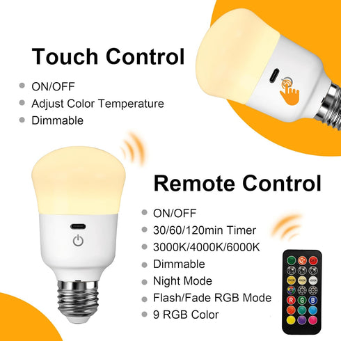 Rechargeable Light Bulb, with Remote Control, 50W Equivalent, Battery Operated LED Bulbs, Backup Puck Emergency Light for Home or Outdoor, 3 Color Temperature, Dim & RGB, E26 Base, 1 Pack by KARTOOSH