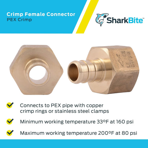 SharkBite 1/2 x 1/2 Inch FNPT Crimp Adapter, Pack of 5, Brass Plumbing Fitting, PEX Pipe