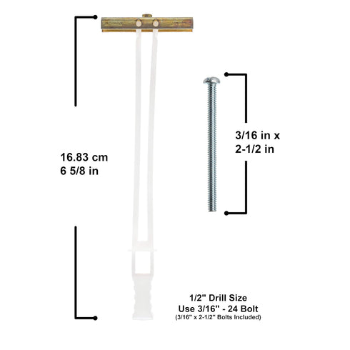 TOGGLER SNAPTOGGLE BA Toggle Anchor with Bolts, Zinc-Plated Steel Channel, Made in US, 3/8" to 3-5/8" Grip Range, For 3/16"-24 UNC Fastener Size (Pack of 10)
