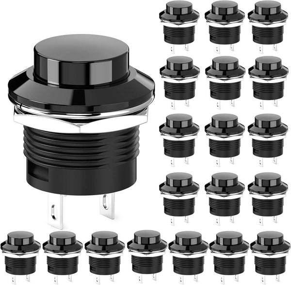 20Pcs AC250V/3A AC125V/6A Off(ON) NO Lock Round Momentary Push Button Switch, Black Cap