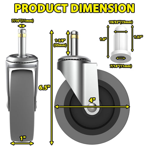 4 Inch 7/16-Inch 4 Pack Swivel Stem Caster Wheels, Stem Diameter Rubber Castors, Heavy Duty TPR Replacement Wheels