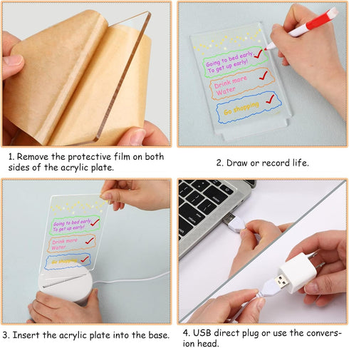 VOCOOL Acrylic Dry Erase Board with Light Up Stand, 6×4inch Glowing Desktop Memo Board, LED Note Boards with 7 Markers