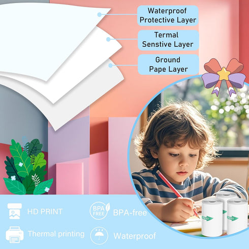Qhzxcvlk 10 Rolls Sticker Printer Paper, Mini Thermal Printer Paper, inkless Print Papers for Most Kids Instant Camera