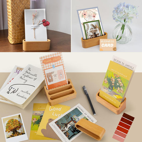 AUEAR 2 Pack Wood Business Card Holder for Desk, Beech Wooden Organizer Display Stand for Office Home Desktop