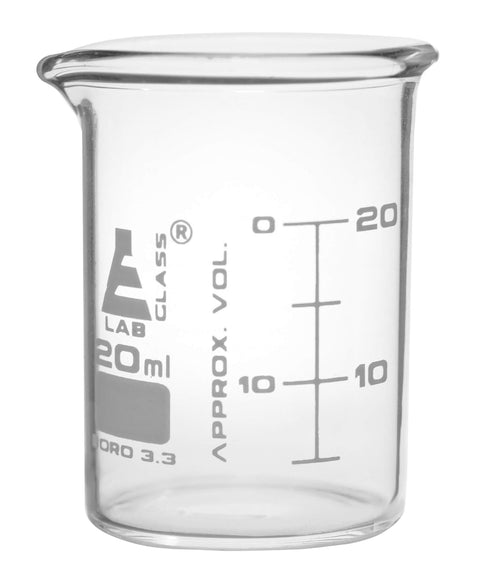 EISCO 12PK Beakers, 20ml Low Form with Spout, Dual Scale, White Graduations, Borosilicate 3.3 Glass