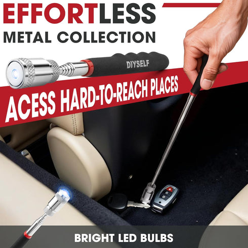 DIYSELF Magnetic Pickup Tool, Telescoping Magnet Stick, LED Flashlight, Flexible Magnetic Pickup Tool, Extendable