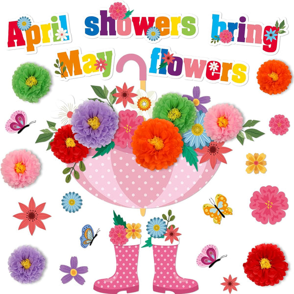 ojustbeok April Showers Bring May Flowers Bulletin Board Decorations, Spring Cutouts with 3D Tissue Paper Pompoms for
