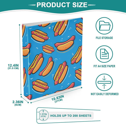 Aslsiy 3 1.5 Inch Kids Ring Binder Hot Dog with Mustard and Ketchup Girls Round Clipboard Binder Decorative Harcover