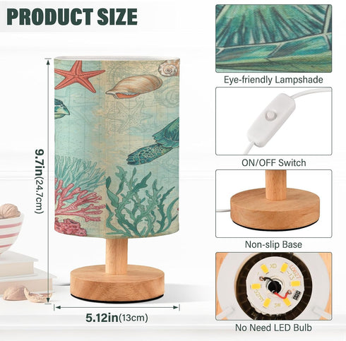 ALAZA Bedside Table Lamp for Bedroom Coastal Sea Turtle Nightstand LED Light Lamps with USB Port Linen Fabric Shade