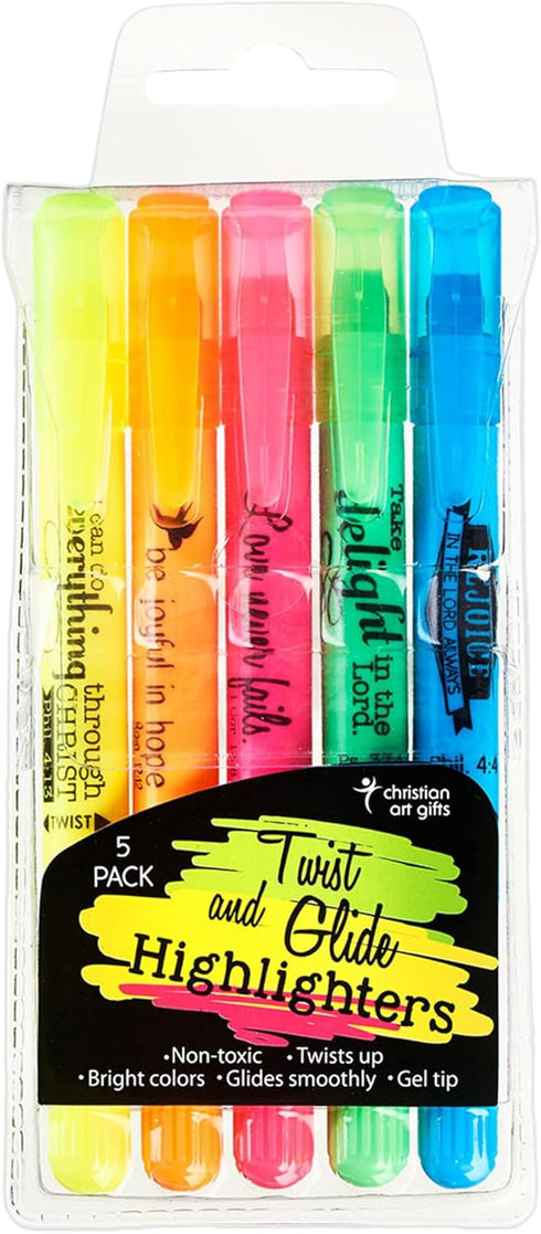 Christian Art Gifts Twist & Glide Gel Multicolor Bible Highlighter Set, Smudge-proof, No Bleed, Pack of 5