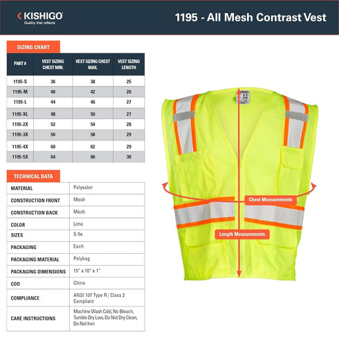 Kishigo All Mesh Contrast Unisex Reflective Safety Vest 1195, ANSI Type R/Class 2, Silver & Orange, 6 Pockets (Lime, L)