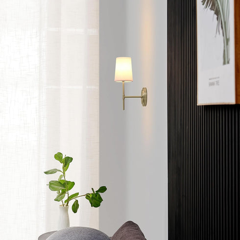 51861 1-Light Bulb Globe Electric Clarissa Wall Sconce, Matte Brass, White Fabric Shade, Not Included