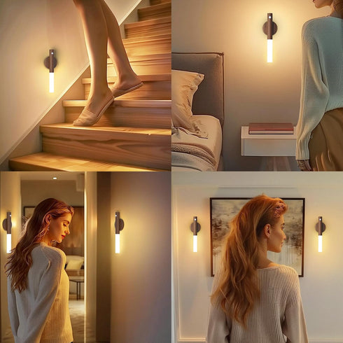 2PCS) Wooden Motion Sensor Lights Indoor - Magnet Body Hallway Rechargeable LED Wireless Battery Operated Wall Sconce