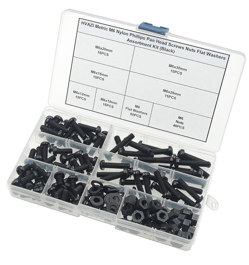 Metric M6 Nylon Phillips Pan Head Screws Nuts Flat Washers Assortment Kit (Black)