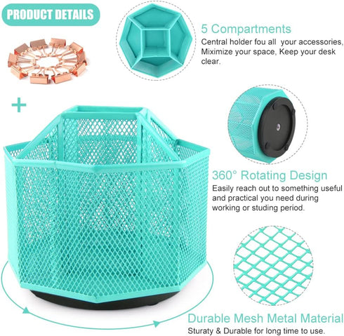 Rotating Pencil Holder, 360 Degree Pen Caddy with 5 Compartments, Mesh Desktop Organizer for Home and Office