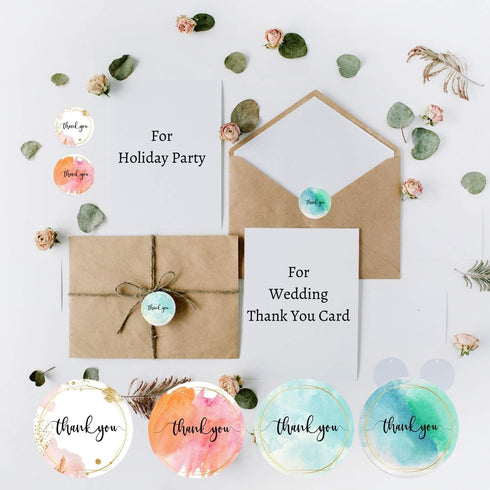 Thank You Stickers Roll | Elegant Water Color with Gold Foil | 1.5 inch | 500 Waterproof Labels for Small Business