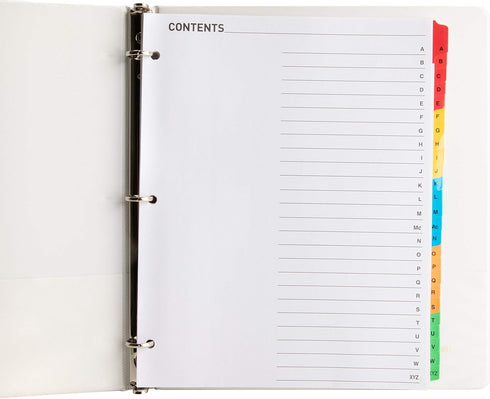 Index Dividers A-Z Tab Printed Table of Contents, 3 Hole Punched for Ring Binders, 8.5” x 11”