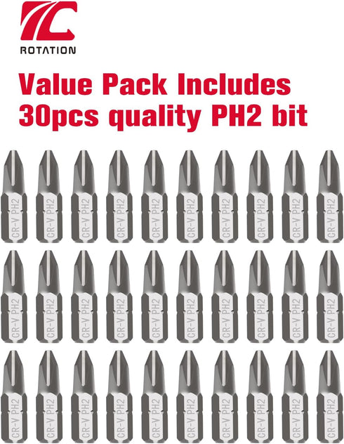 ROTATION 30-Piece Phillips #2 Bit Set PH2, Impact Grade, Chrome Vanadium Steel, 1/4-inch Hex Shank