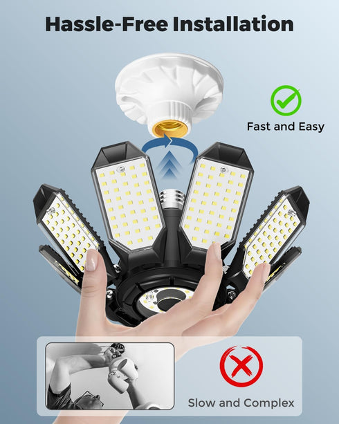 14000Lm 8 Bulb E26 Bulbs Adiding LED Garage Ceiling Lights w/ Adjustable Panels, Super Bright Deformable Basement Light