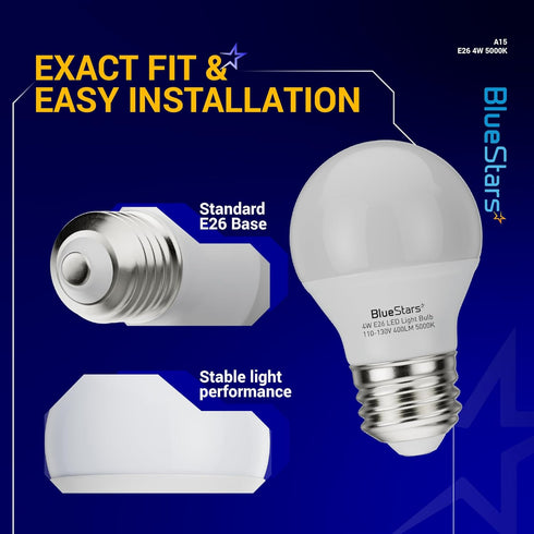 BlueStars A15 LED Refrigerator Light Bulb, 4W (40 Watt Equivalent), E26 Base, 5000K Daylight, 2-Pack