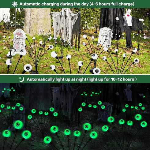 Halloween Decorations Outdoor Solar Scary Eyeball Lights, 2 PACKS 12LED Green Eyeball Swaying Firefly Lights for