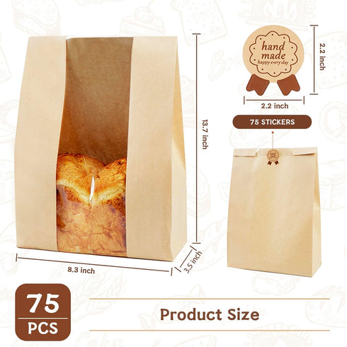 45 Pack 14x8.3x3.5in 45 Large Bread Bags for Homemade Bread, Kraft Paper Bakery Bread Bags with Clear Window and Tin