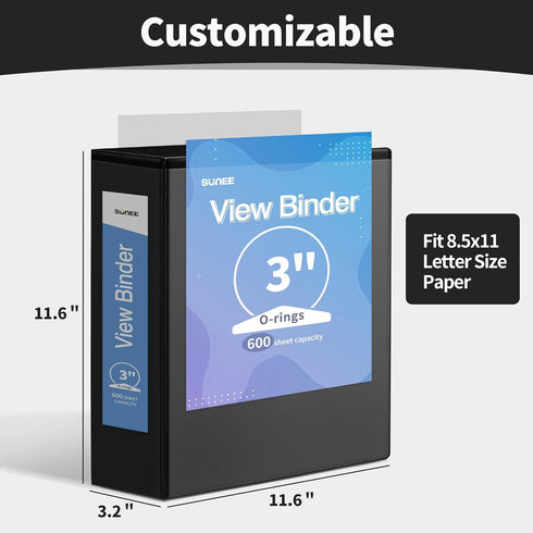 SUNEE Black 3 Ring Binder, 3 Inch, Clear View PVC-Free Binder for School or Office Supplies, Fits 8.5x11 Inches