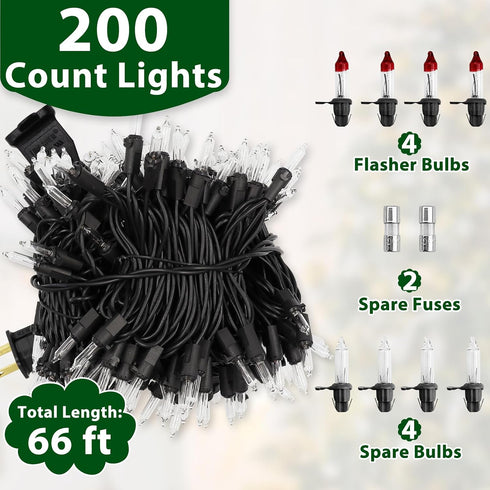 66FT 200 Bulbs Clear Christmas Lights Incandescent Warm White Mini Lights with Black Wire for Christmas Tree, Garland