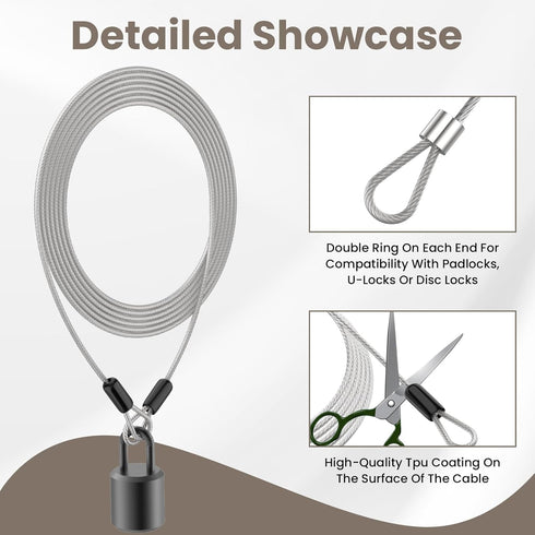 BaYiToo 9.84FT 3mm Stainless Steel Security Cable, Safety Cable Luggage Lock, Security Wire Rope with Double Loop
