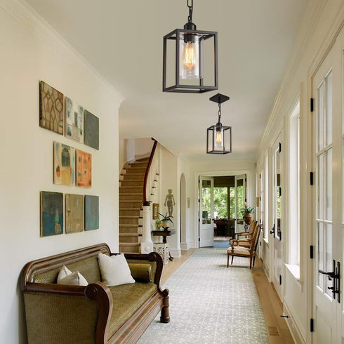 Farmhouse Pendant Light,Black Metal Frame Hanging Light Fixture with Clear Glass Shade Chandelier, Adjustable Chains
