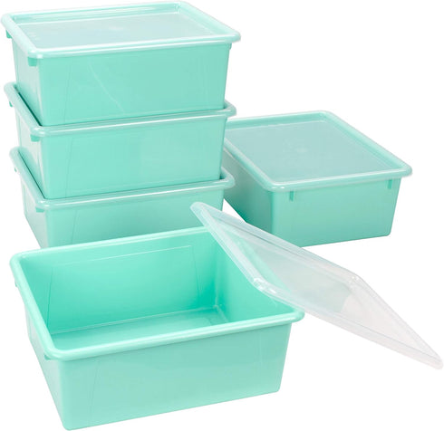 Storex Letter Size Deep Storage Tray – Teal Organizer Bin with Non-Snap Lid, 5-Pack (62549U05C) for Classroom, Office,