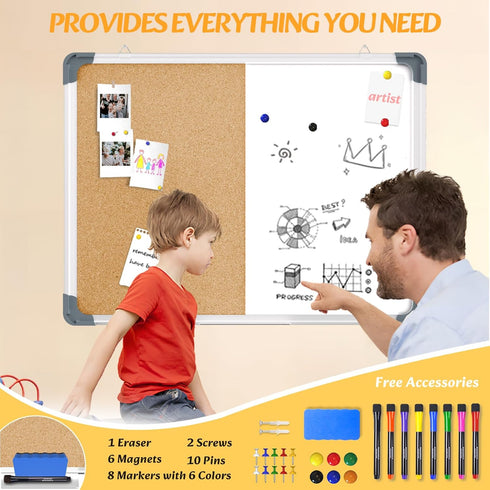 White Board Cork Board Combo, 24×18 inch Magnetic Dry Erase Board, Vision Board for Office, Home, School