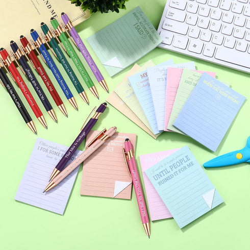 Snarky Funny Office Notepads Pens, 24 Pcs Negative Sarcastic Quotes Work Ballpoint Pens with Stylus Tip