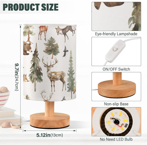 YYZZH Table Lamp Watercolor Animal Forest Tree Deer Fox Bear Nightstand Lamp with Wood Base Fabric Lamp Shade Bedside