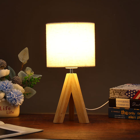 YSJUENAII Modern Small Tripod Table Lamp with Wooden Base, White Fabric Shade, Bedside Desk Light (White)