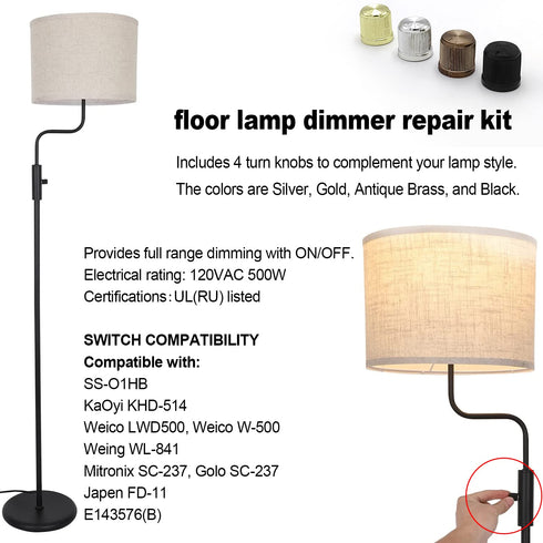 Zing Ear ZE-02A Rotary Dimmer Switch for Floor Torchiere Lamps, 500W Max, 120VAC Knob Switch Replacement Kit.