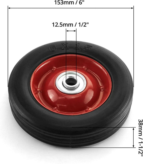 QWORK 2 Pack Premium Rubber Wheel, 6" x 1.5", 1/2" Axle, Hand Truck Wheel with Ball Bearing, Capacity up to 132 lbs