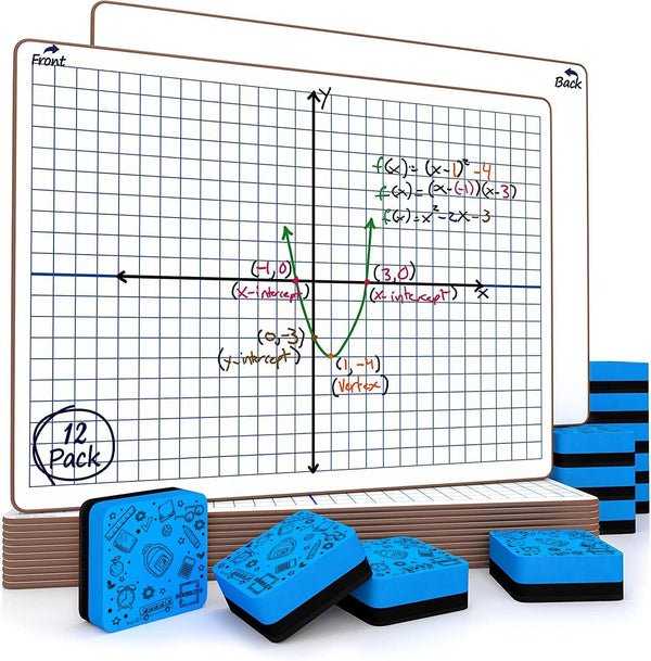 Scribbledo 12 pack Dry Erase XY Axis Graph Lap Boards, 9” X 12” for Student and Classroom Use, Math White Boards
