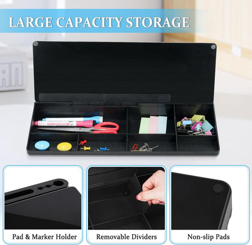 Glass Desk Whiteboard Small Dry Erase Board Desktop White Board with Storage Drawer Computer Keyboard Stand Desk Organizer Office Accessories School Supplies with 4 Markers 1 Rag, Black