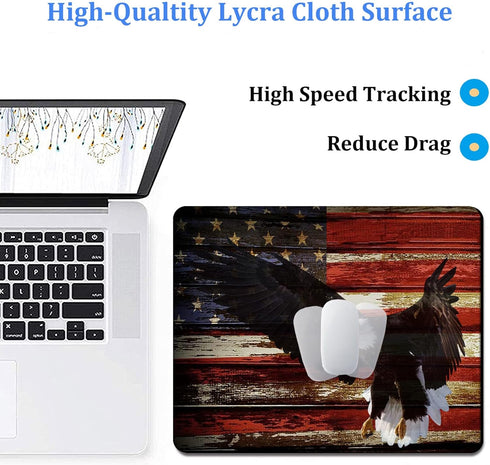 Gaming Mouse Pad with American Flag Art, Bald Eagle Design, Non-Slip Rubber Base, Coaster Set for Office or Gaming