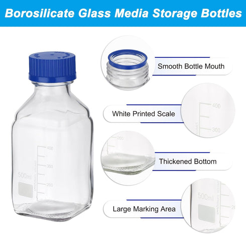 PATIKIL 2 Pack Reagent Media Storage Bottles, 500ml Borosilicate Glass Square Graduated Bottles with GL32 Cap