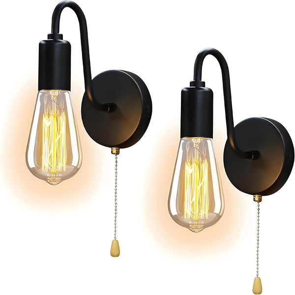 Vintage Pull Chain Wall Light Fixtures Set of 2 Hardwired Wall Sconces
