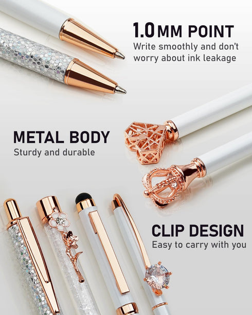 WEMATE 8Pcs Ballpoint Pens Set, Metal Crystal Diamond Glitter Pens for Journaling, White Pen Bling in Black & Blue Ink,