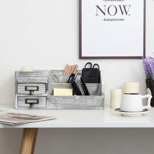 Distressed Rustic Wooden Office Desktop Organizer, 2 Tier Drawers, Multiple Compartments for Jewelry Storage
