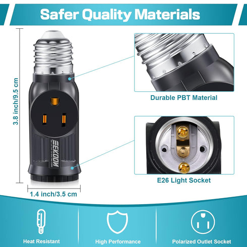 Feekoon 2 Pcs E26 Light Socket Adapter, 3 Prong Light Bulb Outlet to Plug Splitter Converter for Garage Porch (Black)