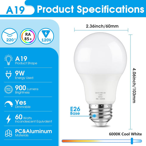 12-Pack A19 LED Light Bulbs, 60 Watt Equivalent, 900LM, Dimmable 9W Bright White LED Bulb, E26 Base, Cool White 6000K