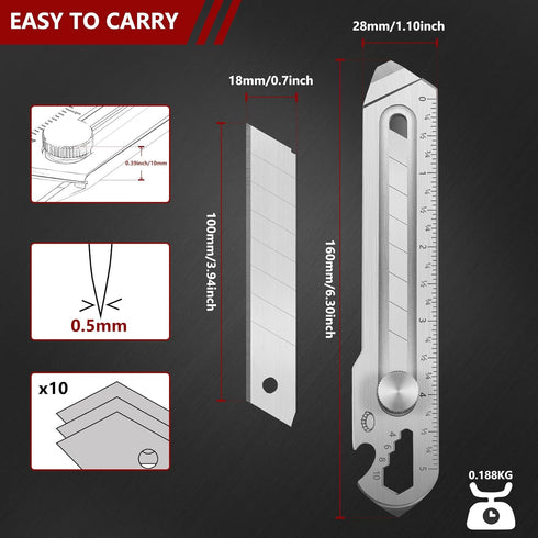 7-In-1 Mutipurpose Utility Knife, Stainless Steel Retractable Box Cutter, Heavy Duty Snap off Cutter Knife with 10PC 18MM SK5 Blades, Safety Lock Design by Becowin